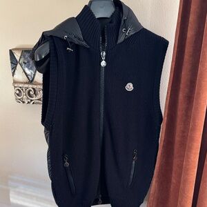 Moncler Black Quilted-Hood Knit Zip Vest